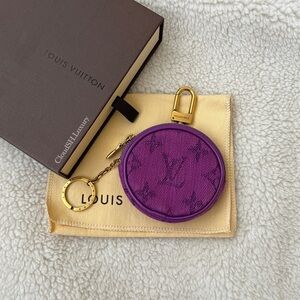 Auth Louis Vuitton Purple Denim Round Coin Key Pouch - Unused
